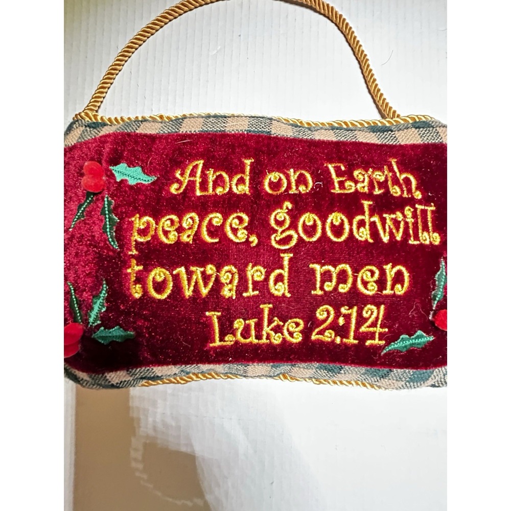 Christmas Rectangle Cushion Embroidered Luke 2:14 Red Plaid Trim Cord Handle